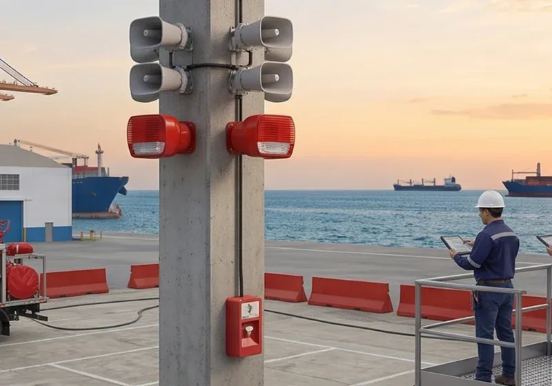 Sirenas, luces estroboscópicas y estación manual en un poste de una zona portuaria