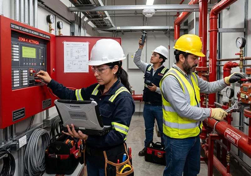 Técnicos programan un panel de alarma contra incendios