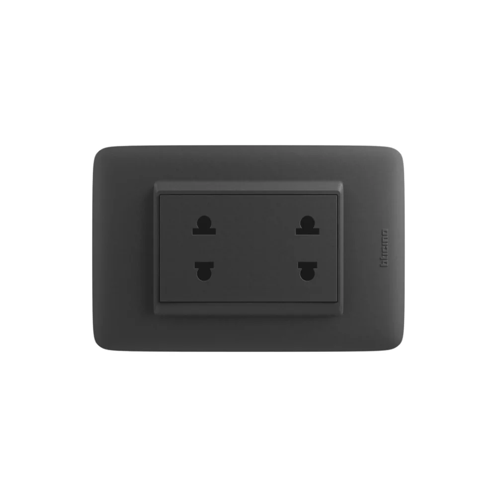 Tomacorriente universal doble 16A 250V negro mate Bticino Domino Sencia Plus AP1212N – vista frontal