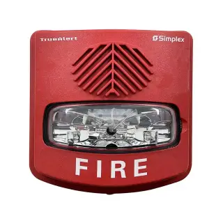 Sirena con estrobo direccionable para intemperie Simplex 49AV-WRFO roja con rótulo FIRE